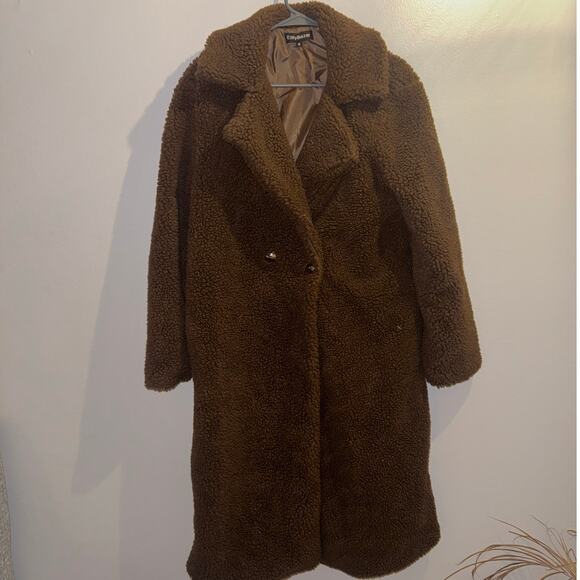 Eilly Bazar Double Button Teddy Midi Coat-Brown-Medium - Picture 3 of 9